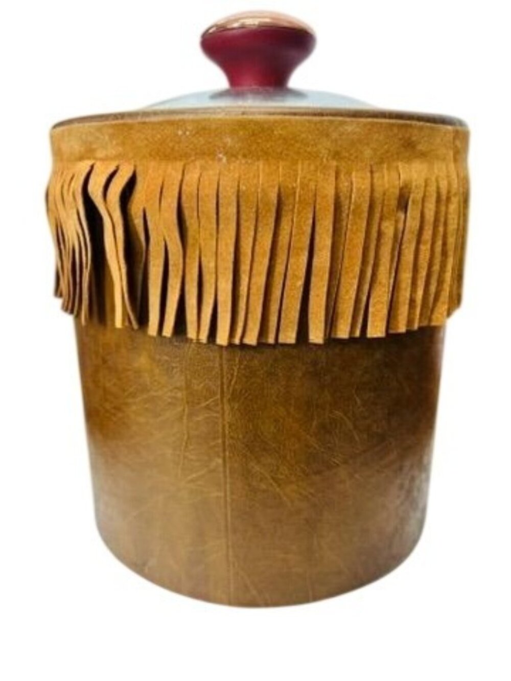 RARE!!  Vintage Western-Style Faux Leather Ice Bucket with Suede Fringe